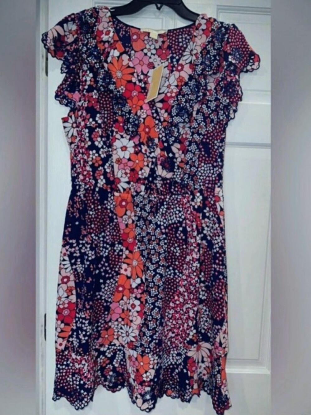 NWT Michael Kors Pink and Blue Floral Dress, Size Large Faux Wrap